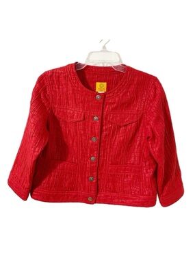 Ruby Road Petites Button Front Crinkled Fabric Collarless Cropped Jacket Red 🟥